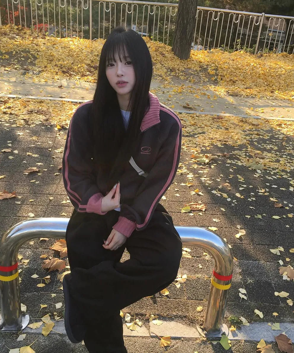 SPORTY TRACK SEMI-CROP KNIT ZIP-UP - CHARCOAL