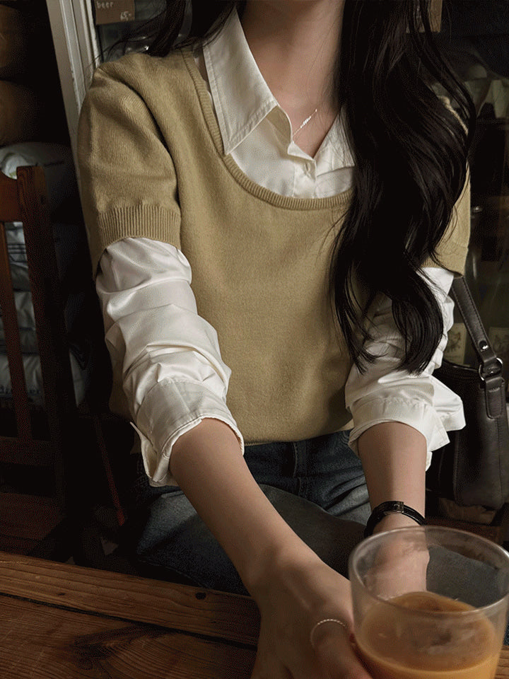 SAY SHIRT LAYERED SHORT-SLEEVE KNIT - 3 COLORS