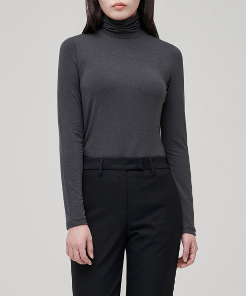WOMENS TENCEL SLIM TURTLE NECK TEE #韓韶禧同款! - 16 COLORS DARK GREY