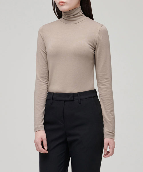 WOMENS TENCEL SLIM TURTLE NECK TEE #韓韶禧同款! - 16 COLORS BEIGE