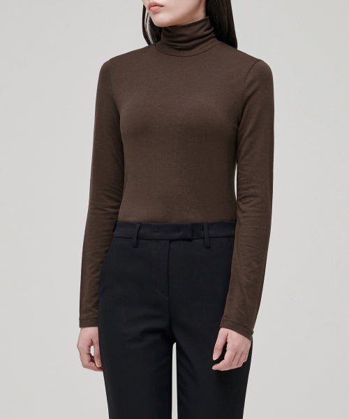 WOMENS TENCEL SLIM TURTLE NECK TEE #韓韶禧同款! - 16 COLORS BROWN
