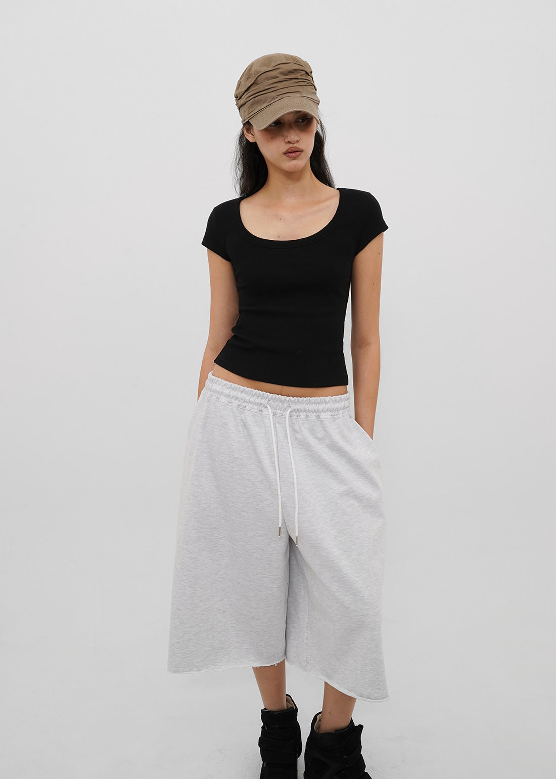 BASIC RIBBED WIDE U-NECK CAP SLEEVE SHORT SLEEVE TEE 12