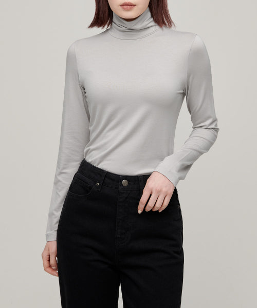 WOMENS TENCEL SLIM TURTLE NECK TEE #韓韶禧同款! - 16 COLORS LIGHT GREY