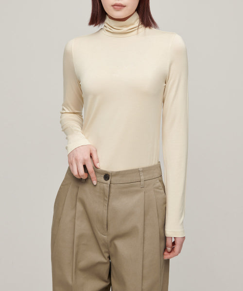 WOMENS TENCEL SLIM TURTLE NECK TEE #韓韶禧同款! - 16 COLORS CREAM
