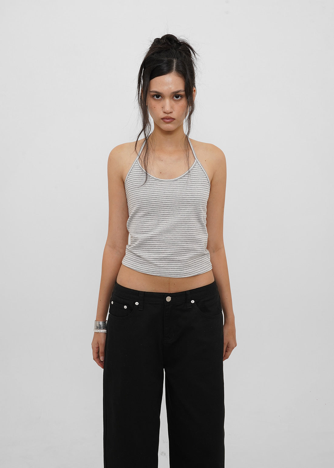 STRETCH COTTON STRAP HALTER TANK 16