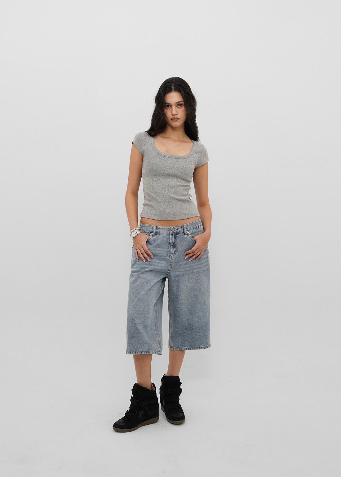 BASIC RIBBED WIDE U-NECK CAP SLEEVE SHORT SLEEVE TEE 3