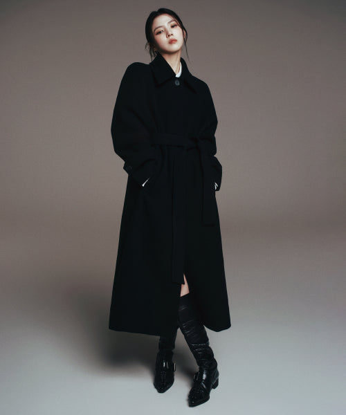 WOMENS CASHMERE BLEND BALMACAAN ROBE COAT #韓韶禧同款! - 8 COLORS BLACK