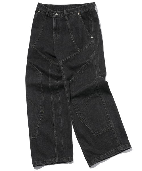 MIXED PANEL WIDE DENIM PANTS - 3 COLORS BLACK