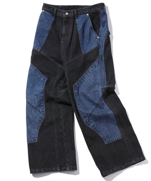 MIXED PANEL WIDE DENIM PANTS - 3 COLORS INDIGO