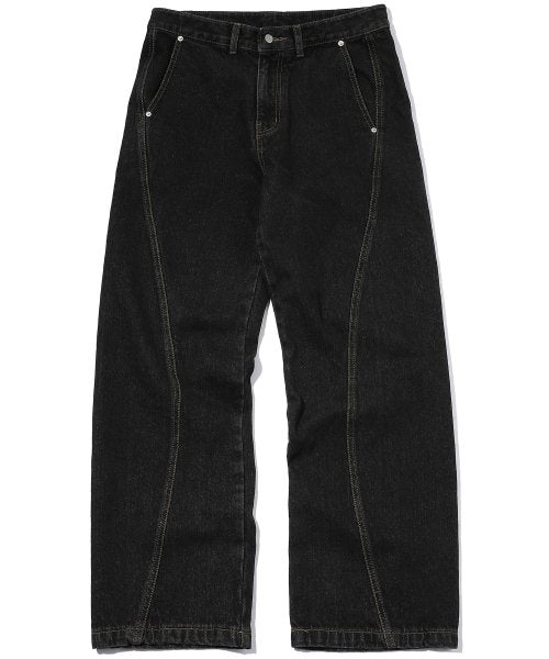 CURVED WIDE DENIM PANTS - 2 COLORS BLACK