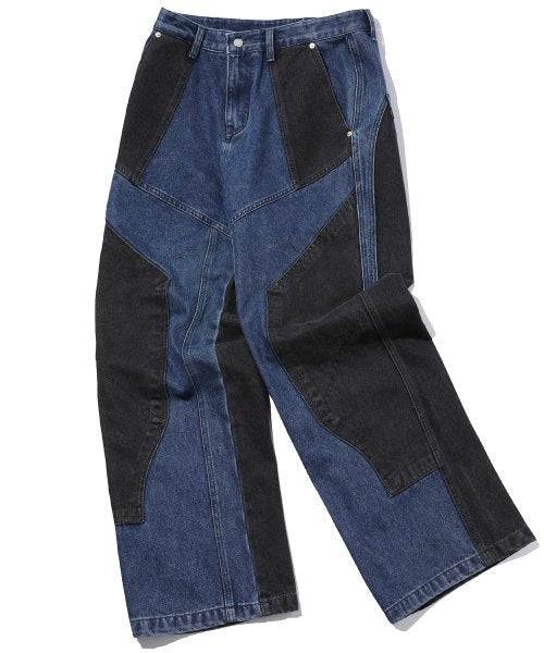 MIXED PANEL WIDE DENIM PANTS - 3 COLORS BLUE