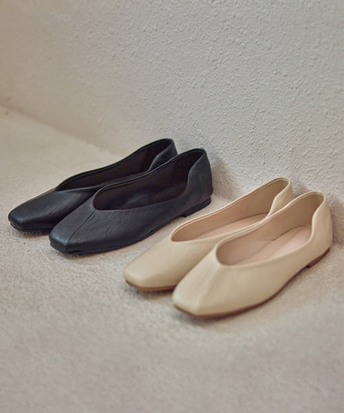 BASIC SQUARE LEATHER FLAT SHOES CAMILLA - 2 COLORS BLACK