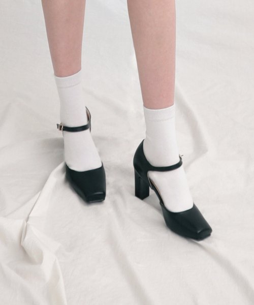 6/ STRAP SQUARE TOE MARY JANE PUMPS HEEL - 2 COLORS BLACK