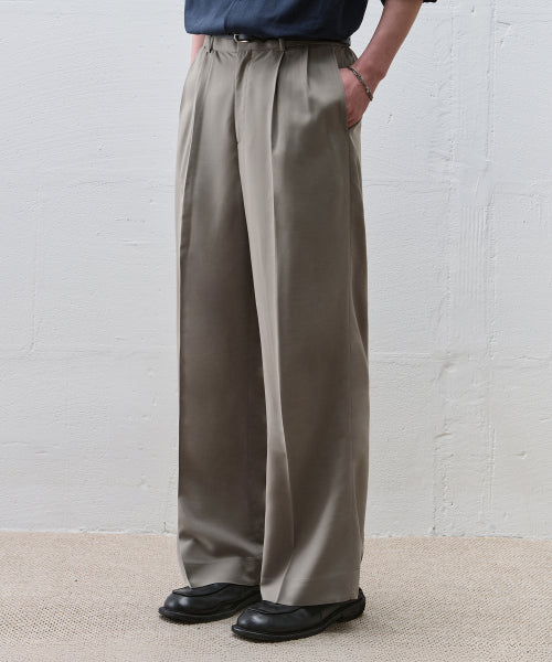 TWO TUCK BANDED WIDE LINEN SLACKS - 3 COLORS KHAKI