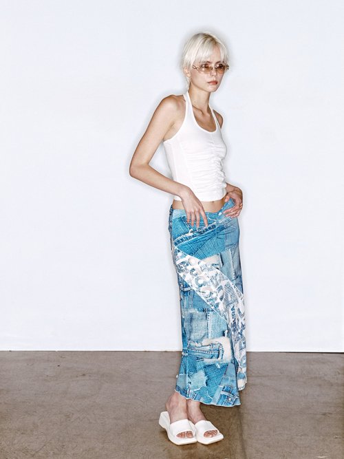 DENIM LONG SKIRT [BLACK PRINT] - 2 COLORS BLUE