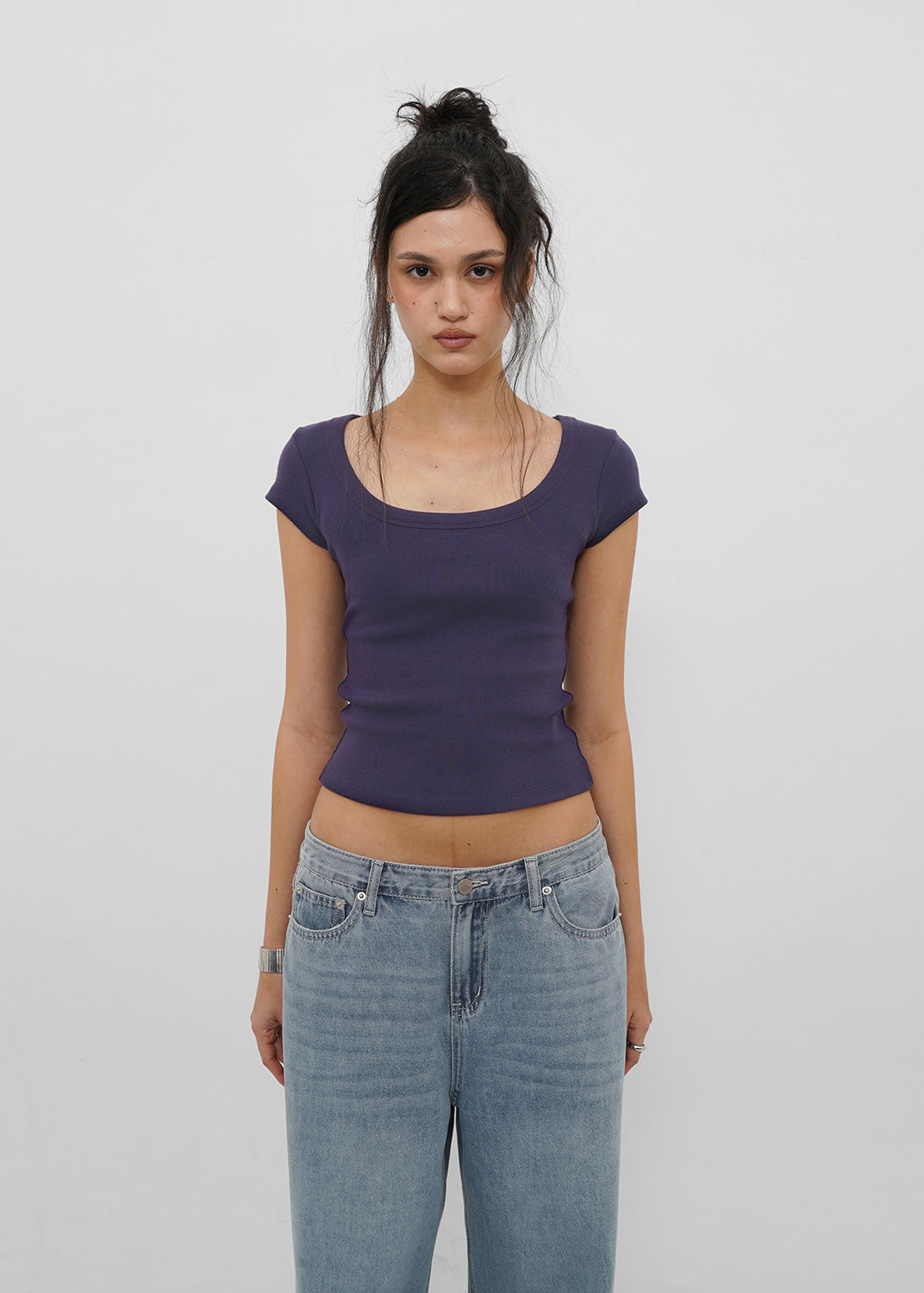BASIC RIBBED WIDE U-NECK CAP SLEEVE SHORT SLEEVE TEE 17