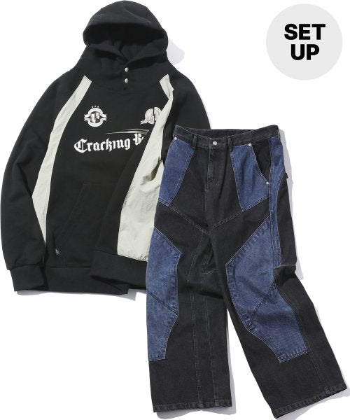 CRACKING SNAP RAGLAN HOOD MIXED PANEL DENIM PANTS AS SHOWN