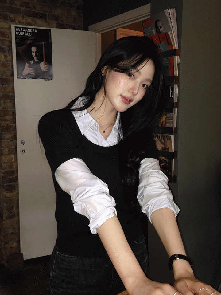 SAY SHIRT LAYERED SHORT-SLEEVE KNIT - 3 COLORS