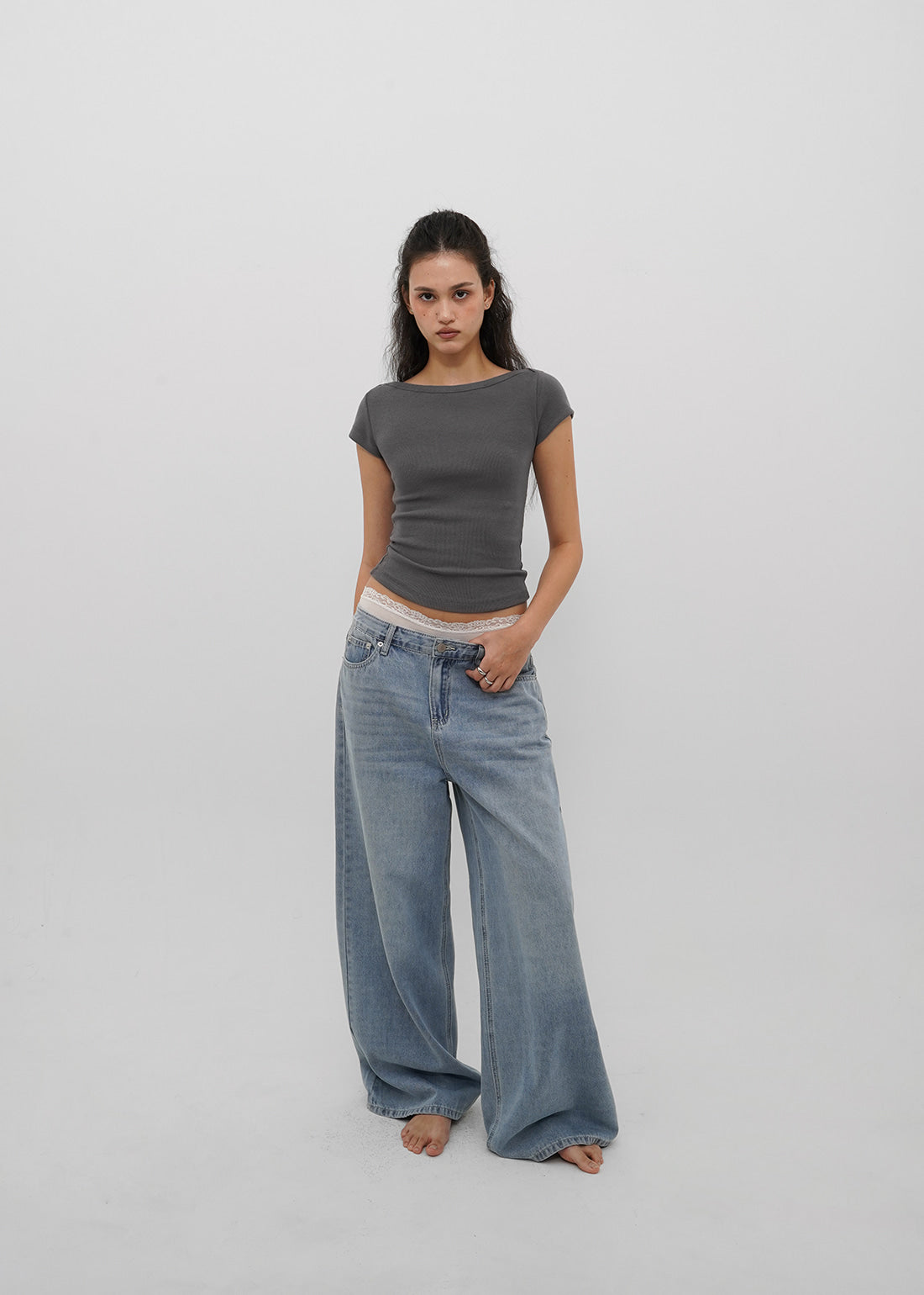 BASIC RIBBED BOAT NECK SHORT SLEEVE TEE 1