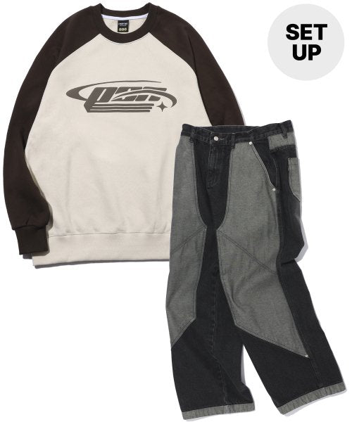 LOGO SWEATSHIRT LAYER WIDE DENIM PANTS AS SHOWN
