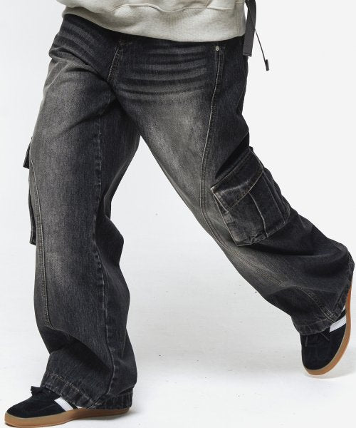 CARGO CURVED WIDE DENIM PANTS BLACK