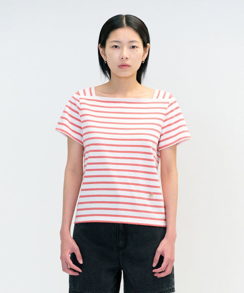 W SQUARE NECK STRIPE HALF TEE - 2 COLORS PINK