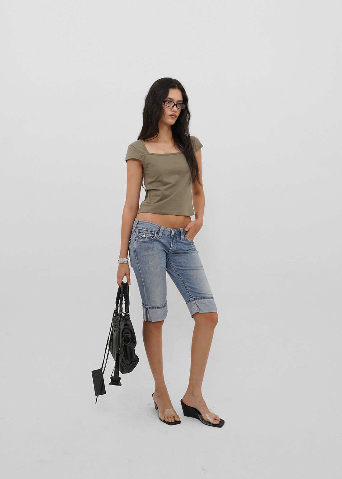 STRETCH COTTON SQUARE NECK CAP SLEEVE SHORT SLEEVE TEE 4