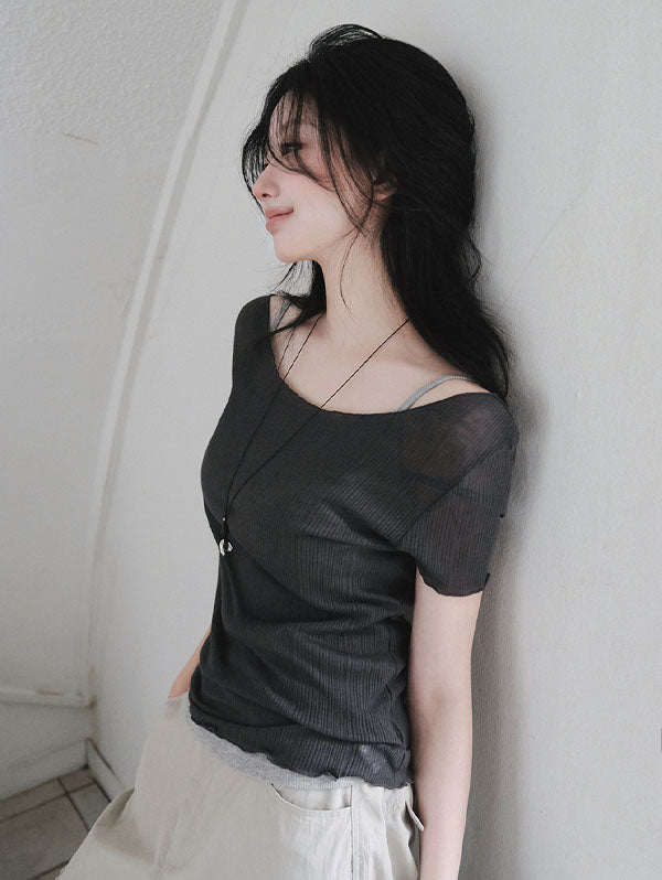 RUFFLE SEE-THROUGH SHORT SLEEVE TEE - 3 COLORS