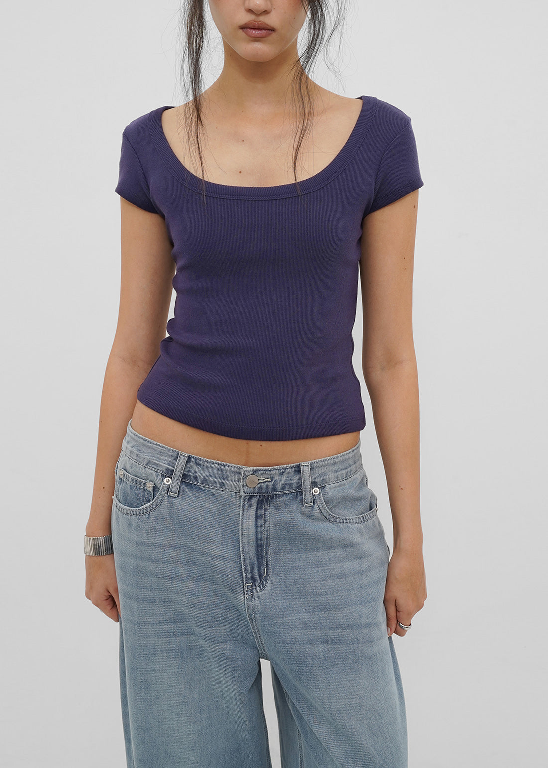 BASIC RIBBED WIDE U-NECK CAP SLEEVE SHORT SLEEVE TEE 18