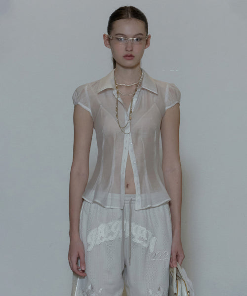 SHEER PLEATED HEM BLOUSE - 3 COLORS WHITE