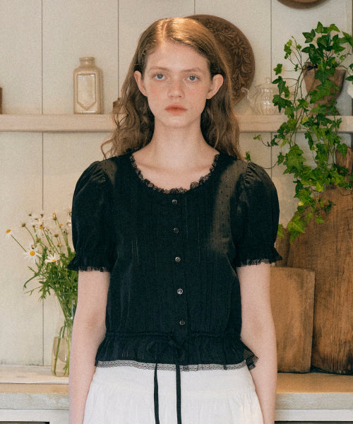 FRILL SHIRRING BLOUSE - 2 COLORS BLACK
