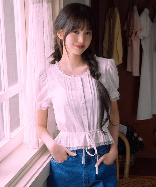 FRILL SHIRRING BLOUSE - 2 COLORS WHITE