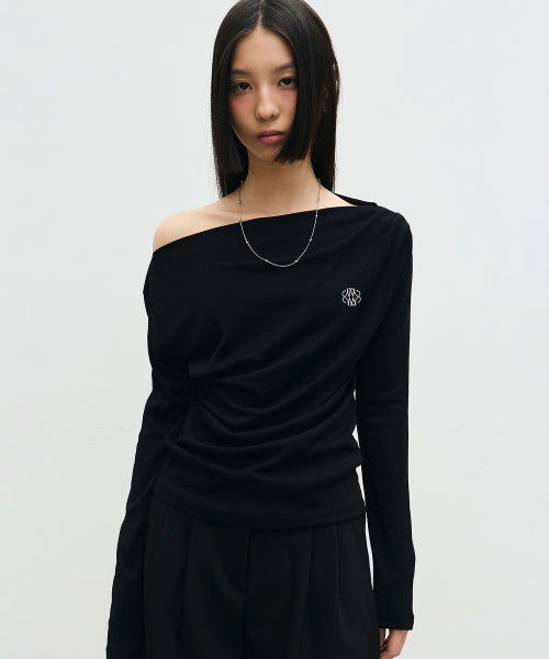 SHIRRING DRAPE BOAT NECK TOP #徐睿知同款! - 5 COLORS BLACK