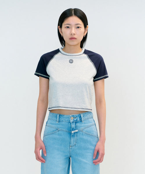 W RAGLAN STITCH CROP TEE - 3 COLORS GREY