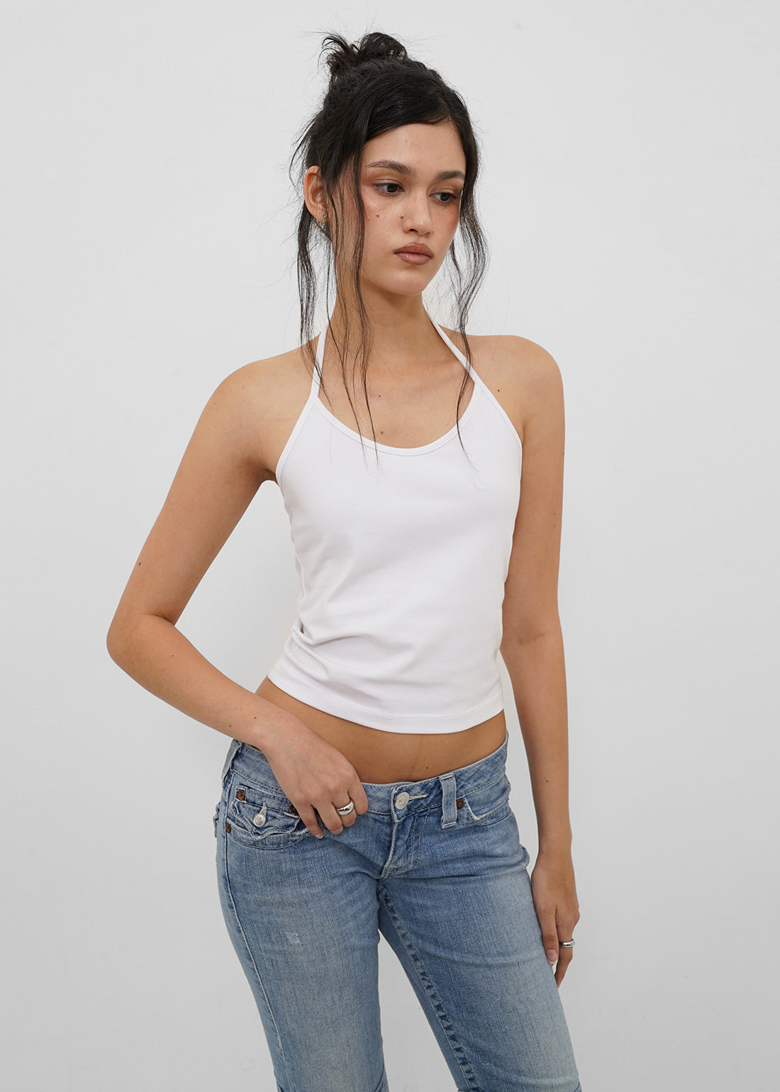STRETCH COTTON STRAP HALTER TANK 11