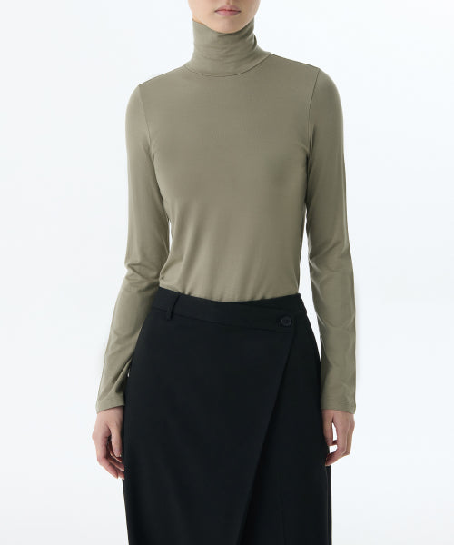 WOMENS TENCEL SLIM TURTLE NECK TEE #韓韶禧同款! - 16 COLORS KHAKI