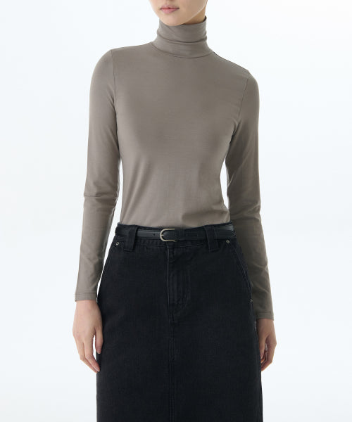 WOMENS TENCEL SLIM TURTLE NECK TEE #韓韶禧同款! - 16 COLORS TAUPE