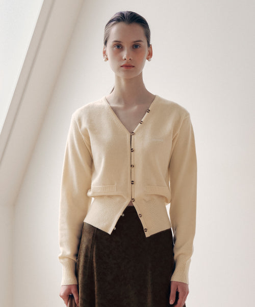 V NECK LOGO BUTTON CARDIGAN - 3 COLORS BUTTER