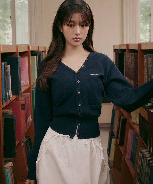 V NECK LOGO BUTTON CARDIGAN - 3 COLORS NAVY