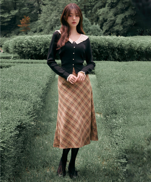 CHECK MIDI SKIRT BROWN