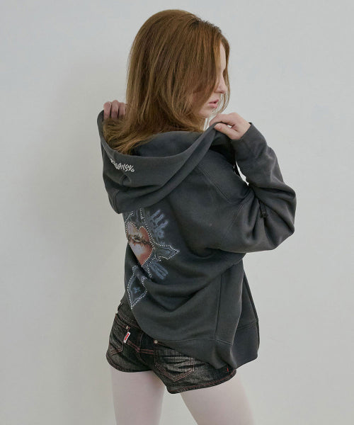 BEADED SAINT HOODIE ZIP UP CHARCOAL