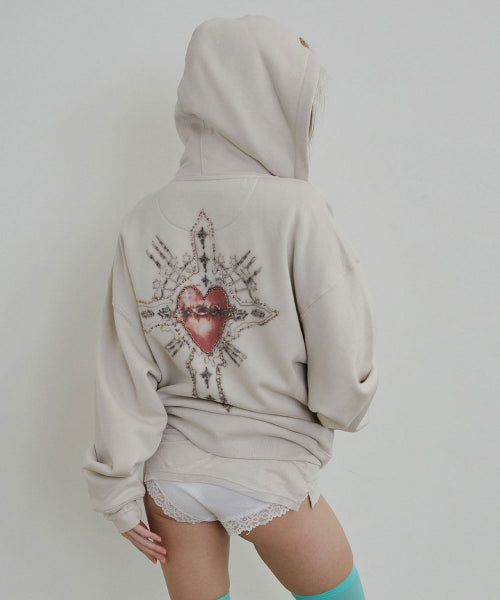 BEADED SAINT HOODIE ZIP UP - 2 COLORS DIRTY WHITE