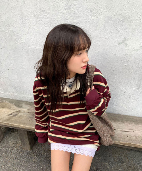 MENASOO STRIPE RUGBY T SHIRT - 3 COLORS BURGUNDY
