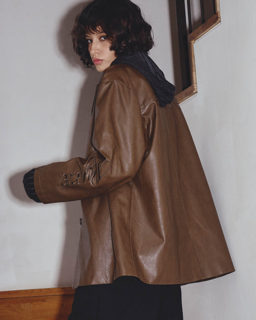 FAUX LEATHER EMBROIDERY JACKET BROWN - 2 COLORS