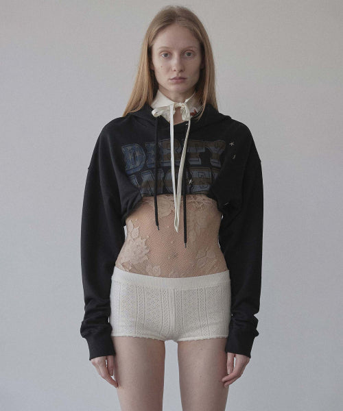 GLITTER FLAG CROP HOODIE RAW - 3 COLORS BLACK