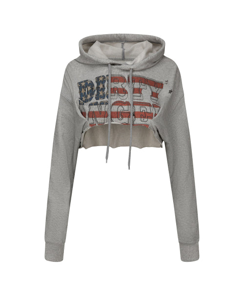 GLITTER FLAG CROP HOODIE RAW - 3 COLORS MELANGE GREY