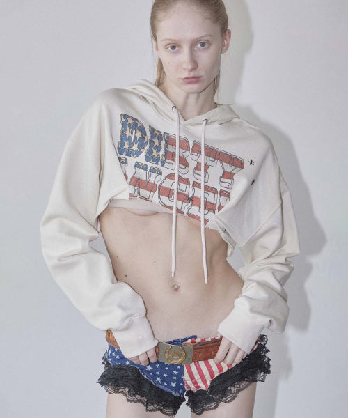 GLITTER FLAG CROP HOODIE RAW - 3 COLORS AS SHOWN