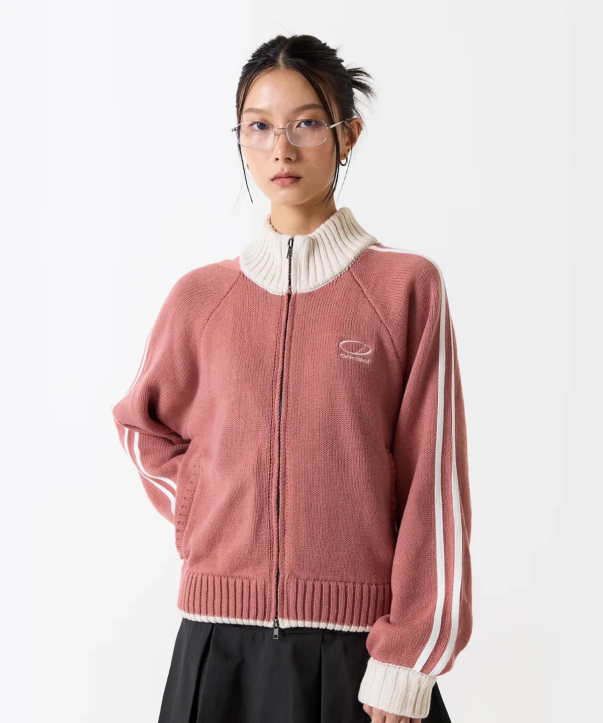 SPORTY TRACK SEMI-CROP KNIT ZIP-UP - PINK