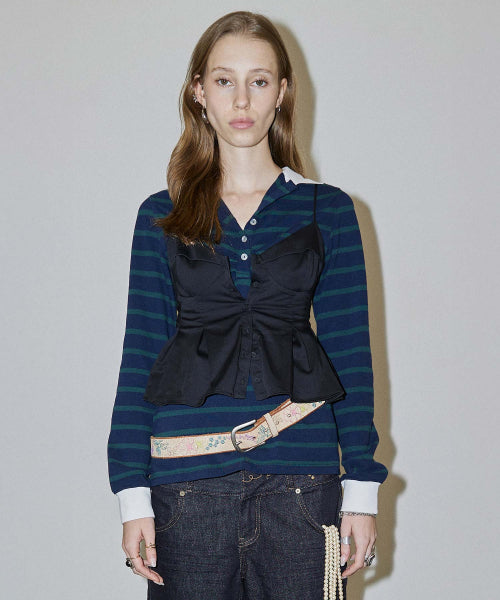 SHIRRING TENNIS SHIRT WHITE NAVY STRIPE AS SHOWN