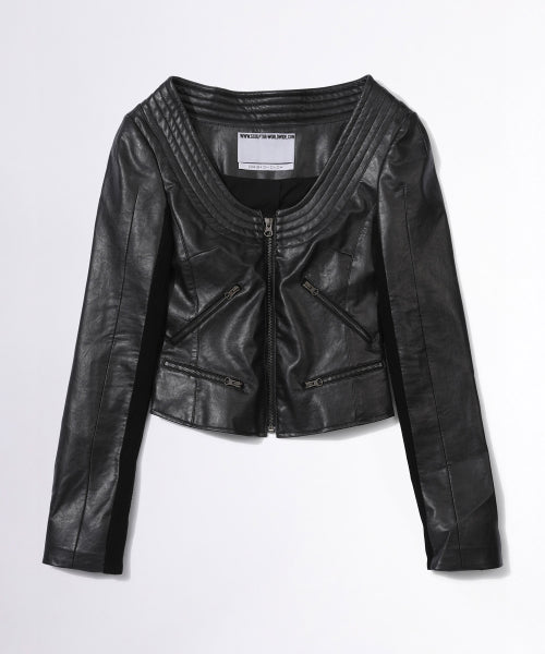 PORTRAIT NECK FAUX LEATHER JACKET - 2 COLORS BLACK
